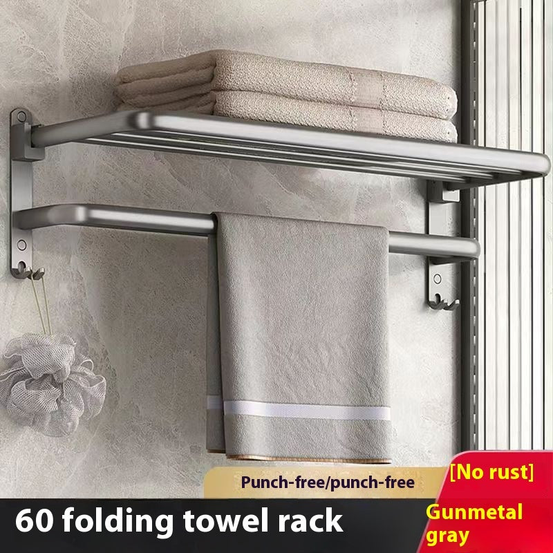 Foldable Bathroom Towel Rack Wall Mounted Aluminum Shelf with No-Drill Installation
