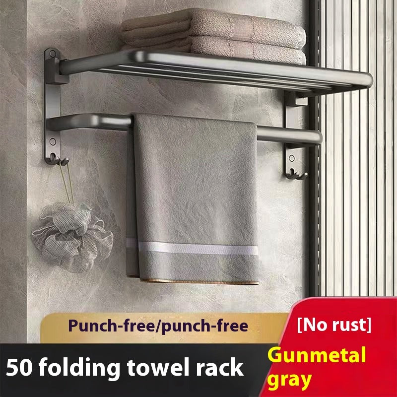 Foldable Bathroom Towel Rack Wall Mounted Aluminum Shelf with No-Drill Installation