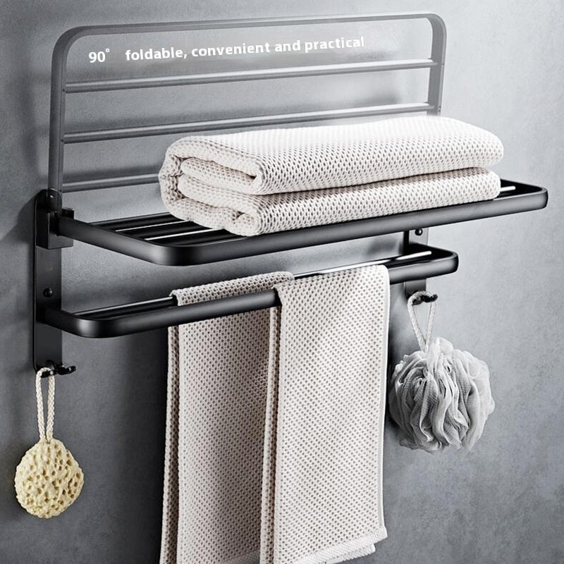 Foldable Bathroom Towel Rack Wall Mounted Aluminum Shelf with No-Drill Installation