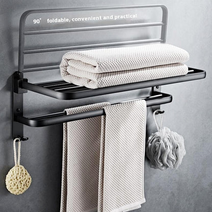 Foldable Bathroom Towel Rack Wall Mounted Aluminum Shelf with No-Drill Installation
