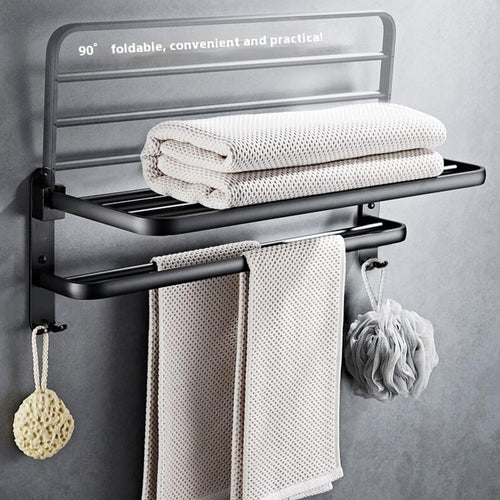 Foldable Bathroom Towel Rack Wall Mounted Aluminum Shelf with No-Drill Installation