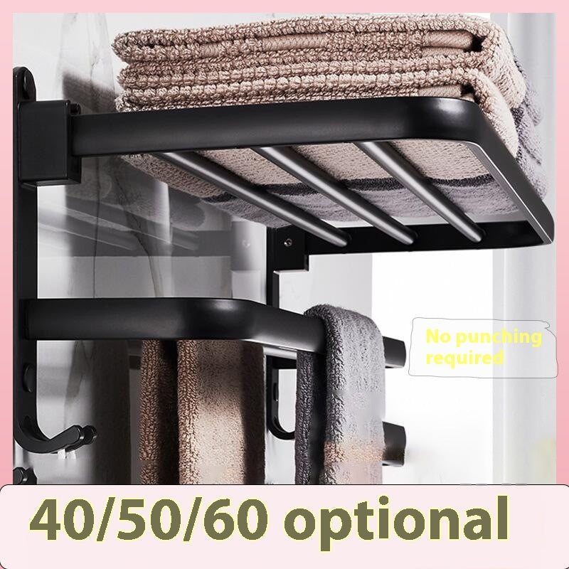 Foldable Bathroom Towel Rack Wall Mounted Aluminum Shelf with No-Drill Installation